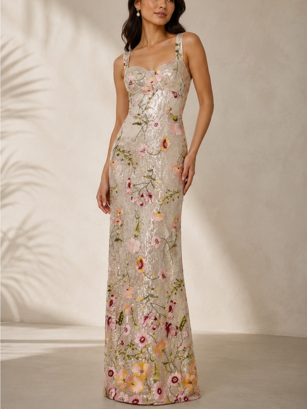 Dress the Population Champagne Sequin Floral Maxi Gown - Picture 1 of 12